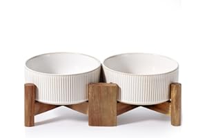 Getstar Ceramic Dog Bowls with Acacia Wood Stand, 30 fl oz, Set of 2, Dog Food Bowl, Cat Bowls (6.5 inches) (Vintage White)