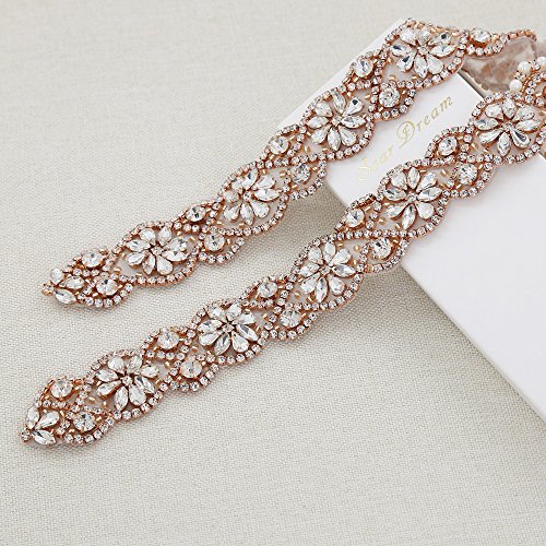 Bridal Dress Sash Rose Gold Crystal Applique with Clear Rhinestones for Wedding Belt Bridal Beaded Applique Wedding Applique - Thumbnail 5