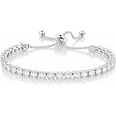 Elegant Tennis Bracelet for Women, White Gold Plated with AAA+ Cubic Zirconia CZ, Dainty Classic Adjustable Slider, Perfect for Weddings and Formal Events