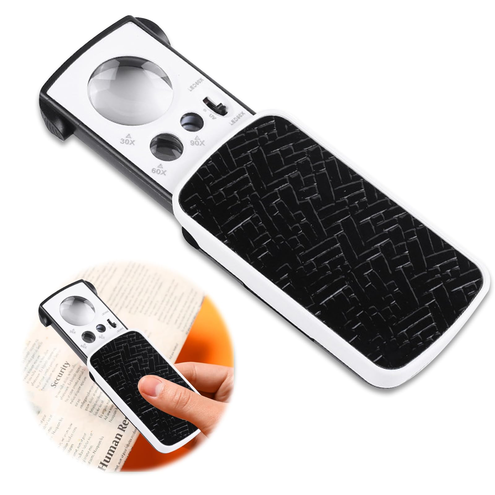 Pull-out Pocket Magnifier 30X 60X 90X Folding Jewelers Loupe Lens Magnifying Glass Portable Eye Loupe with Illuminated LED and UV Light for Jewelry Diamond Gem Coin Stamp Collection