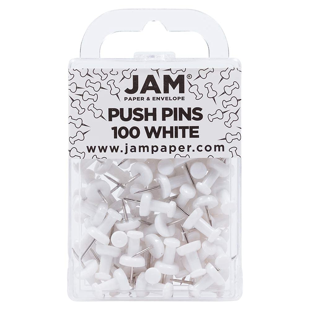 JAM PAPER Colourful Push Pins - White Pushpins - 100/Pack