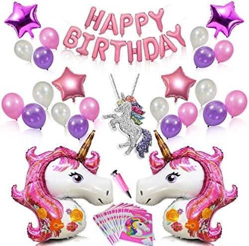 Pink Unicorn Party Supplies for Girls Birthday Decorations - 2 Huge Unicorns, 4 Star Foil and 18 Pearl Latex Balloons, Happy Birthday Banner, Air Pump, Unicorn Necklace and 20 Gift Bags