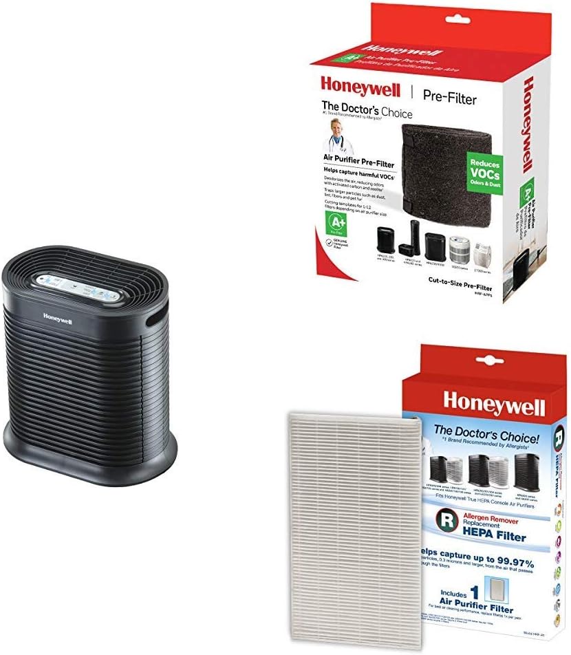 Honeywell True HEPA Air Purifier with Allergen Remover-Black, Medium Room with Household Odor & Gas Reducing Universal Pre-Filter, Black and Replacement Filter, Single Unit