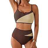 Herseas Women's High Waisted 2 Piece Bikini Sets V Wire Beach Summer Popular Swimsuits Colorblock Trim Swim Bathing Suit