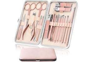 QLNE Manicure Set Pedicure Kit Nail Clippers Set Fingernails & Toenails Vibrissac Scissor 18 Pieces Best Care Grooming Tools for Man & Women Gift with Case (Pink_18in1)