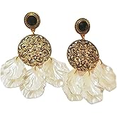Vintage Drop Earrings, Pearl White Shell Petals, Antique Bronze Filigree, Round Crystal Studs