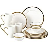 Loymokinar Modern Poreclain 16 Piece Dinnerware Set, Plates and Bowls Set, Dish set for 4, White And Golden Rim，Dinnerware Sets With Gold Trim