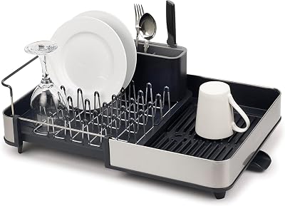 - Escurridor extensible en acero inoxidable para platos y cubiertos, bandeja de drenaje extraíble, gris/carbón, talla única
