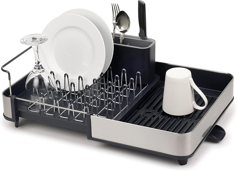 Séchoir à Vaisselle Extensible en Acier avec Compartiment à Couverts Amovible, Bec D'Égouttage Pivotant - Gris/Acier