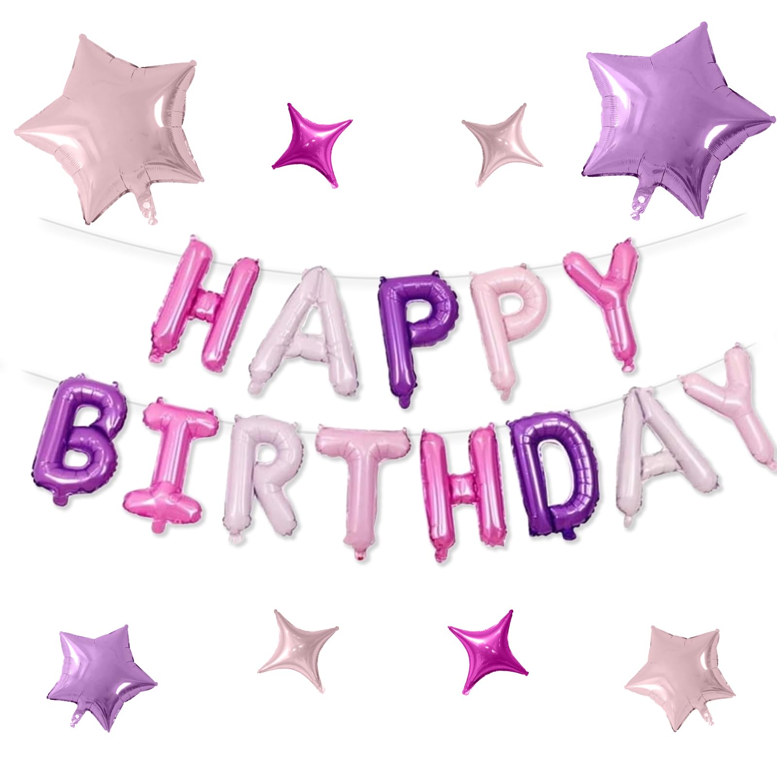 Photo 1 of FunHot Happy Birthday Balloons, Pink Purple Happy Birthday Banner Balloon, 16 Inch Foil Letter Balloons with 8 Pcs Purple Pink Star Balloon for Women Girls Birthday Party Decoration