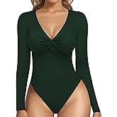 MANGOPOP Bodysuits for Women Deep V Neck Twist Knot Fitted Long Sleeve Bodysuit Basic Tops Casual T Shirts