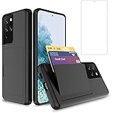Asuwish Compatible with Samsung Galaxy S21 Ultra Glaxay S21ultra 5G Case and Tempered Glass Screen Protector Cover Cell Credit Card Holder Kickstand Phone Cases for Gaxaly 21S S 21 21ultra G5 Black