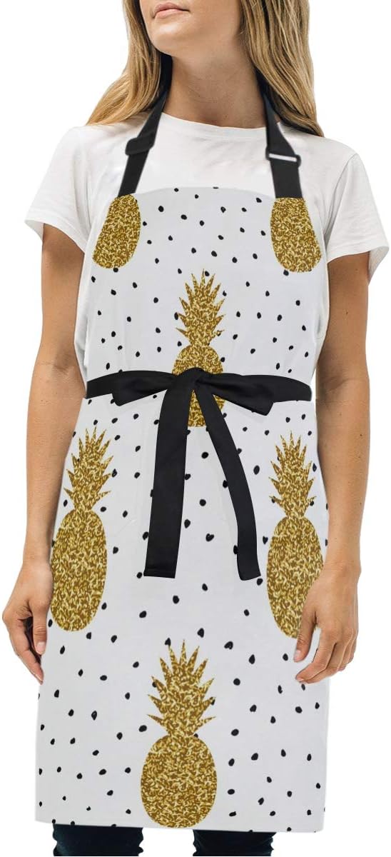 JUAMA Gold Glitter Pineapples Black Dots Adjustable Bib Apron with 2 Pockets Funny Home Kitchen Cooking Apron for Men Women Kids