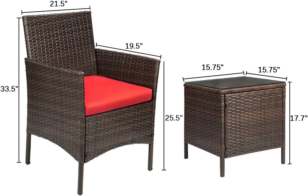 Devoko Patio Porch Furniture Sets 3 Pieces PE Rattan Wicker Chairs with Table Outdoor Garden Furniture Sets (Brown/Red): Garden & Outdoor