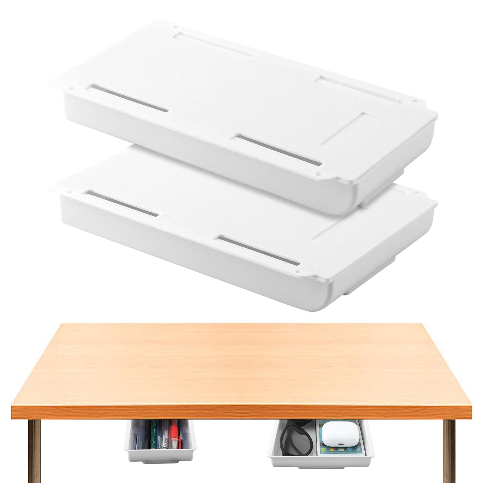 Photo 1 of XuYelora 2pcs Under Desk Drawer, Table Hidde-n Slide Out Pencil Holder Self-Adhesive Desk Drawer Storage Tray Attachable for Stationery Home Office School (COLOR:white)