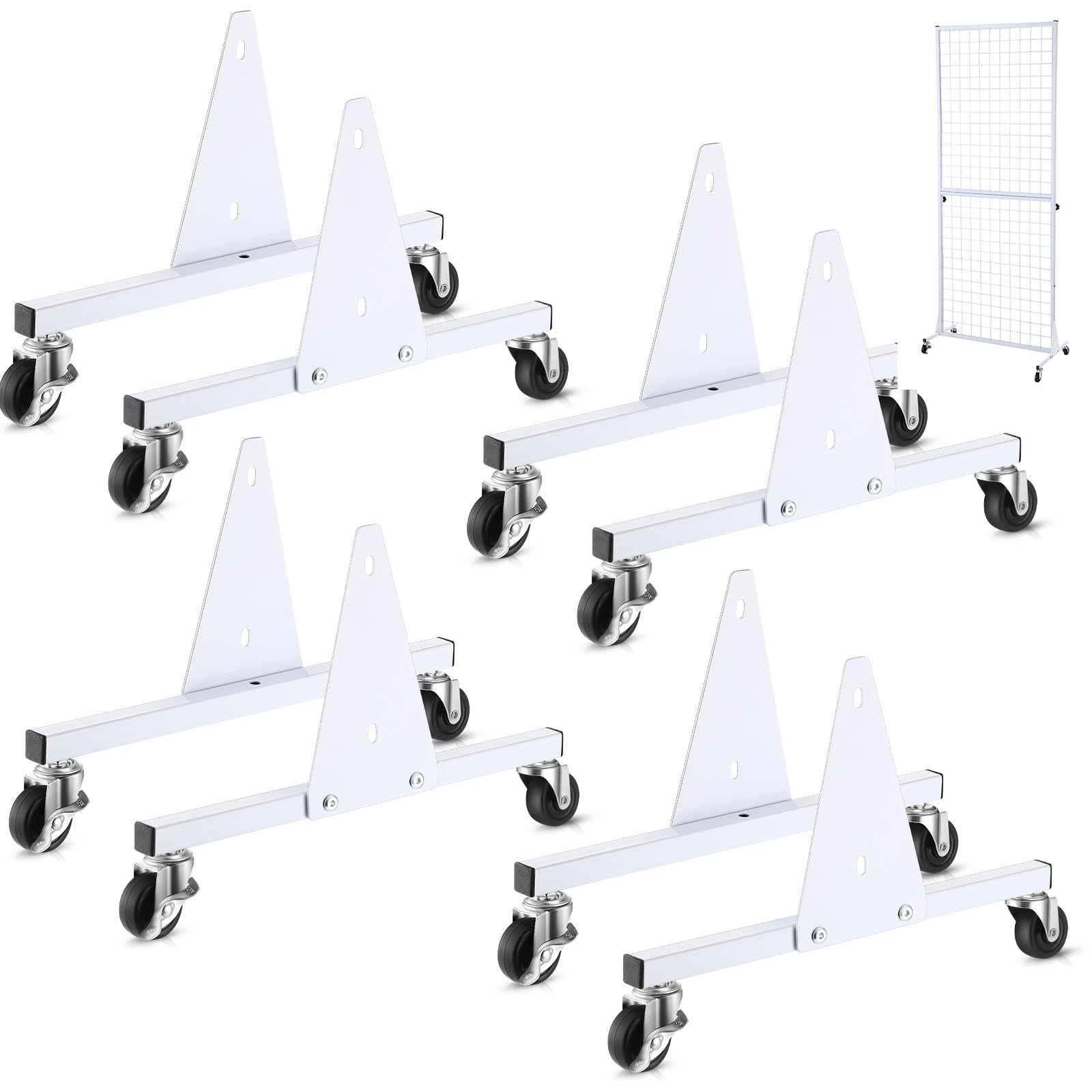 Photo 1 of Burbell 4 Pairs Grid Wall Display Legs Metal Triangular Base with Casters Wall Grid Panel Support Base Gridwall Accessories for Trading Display Rack(White)