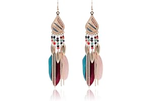 Boho Earrings for Women Bohemian Vintage Handmade Feather Earring Tassel Drop Dangle Earrings Lightweight Western Jewelry for