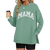 LOMON Long Sleeve Mama Shirts for Women Crewneck Oversized Tshirts Split Side Graphic Tees Fall Pullover Tops