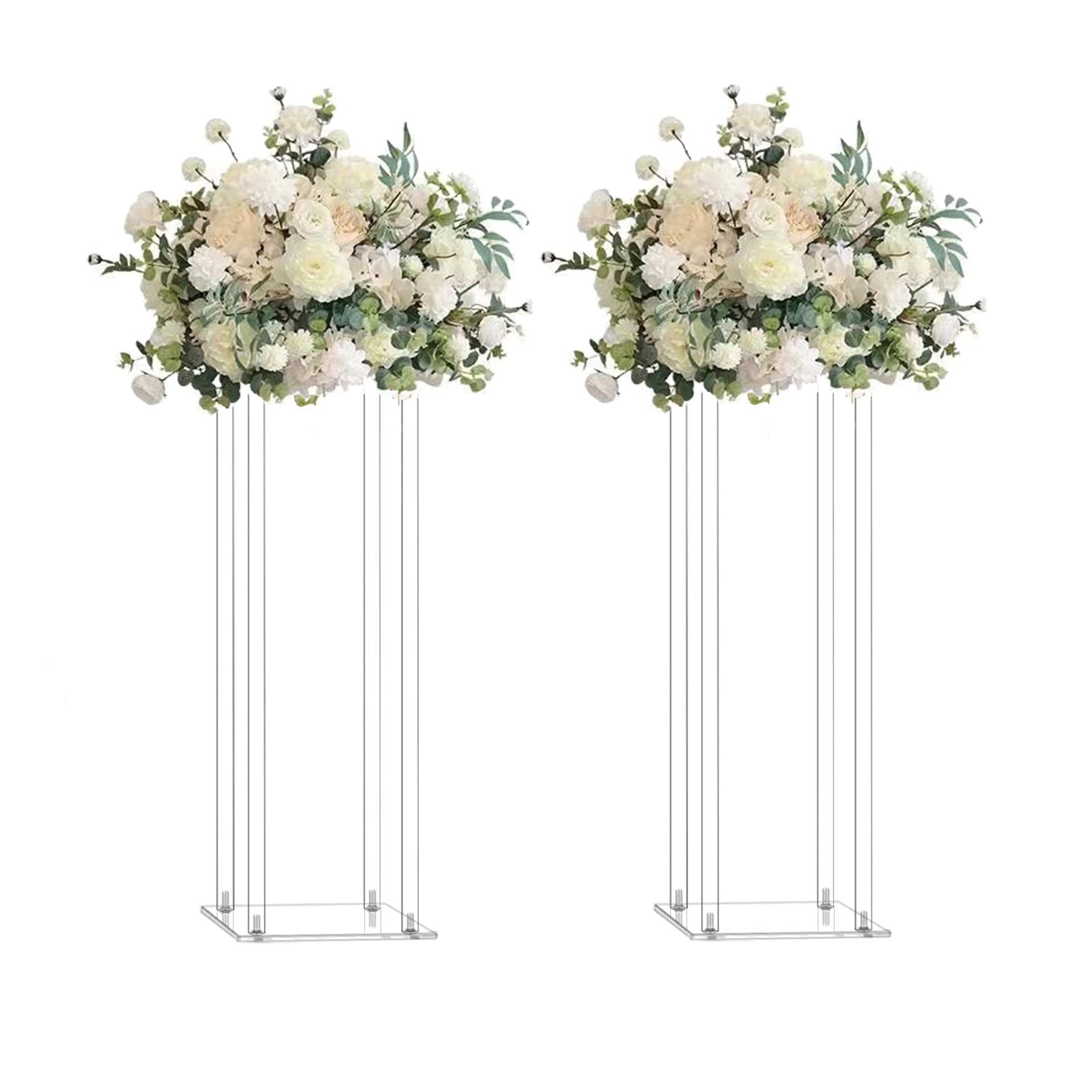Photo 1 of (partial set) simprefine 2 Pack 32'' Tall 10'' Dia. Clear Floor Vase Wedding Decoration Table Centerpiece Crystal Acrylic Flower Stand Floral Display Rack Backdrop Column for Event Décor