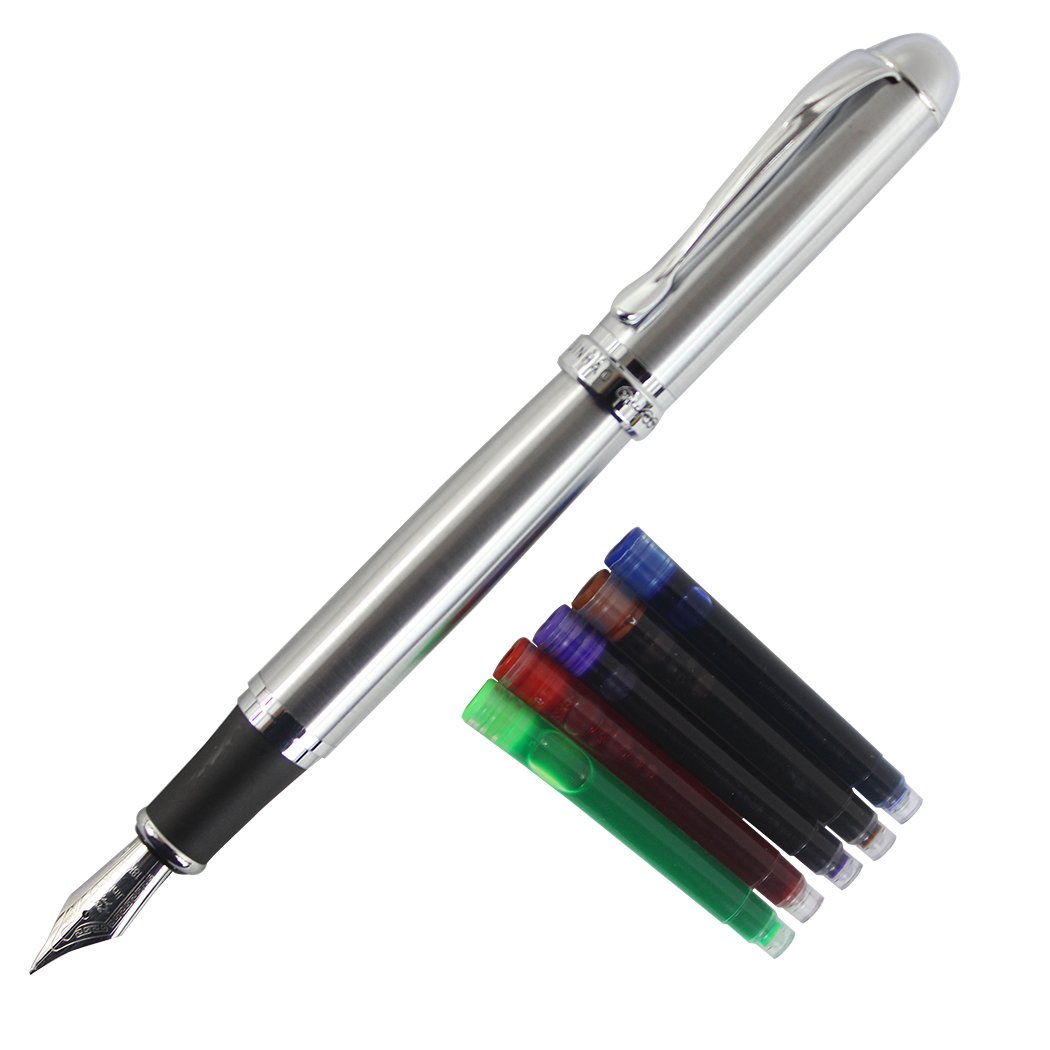 Gullor Medium Fine Nib Smooth Fountain Pen 750 Original Pen Pouch and Ink Cartridge Set - Silver