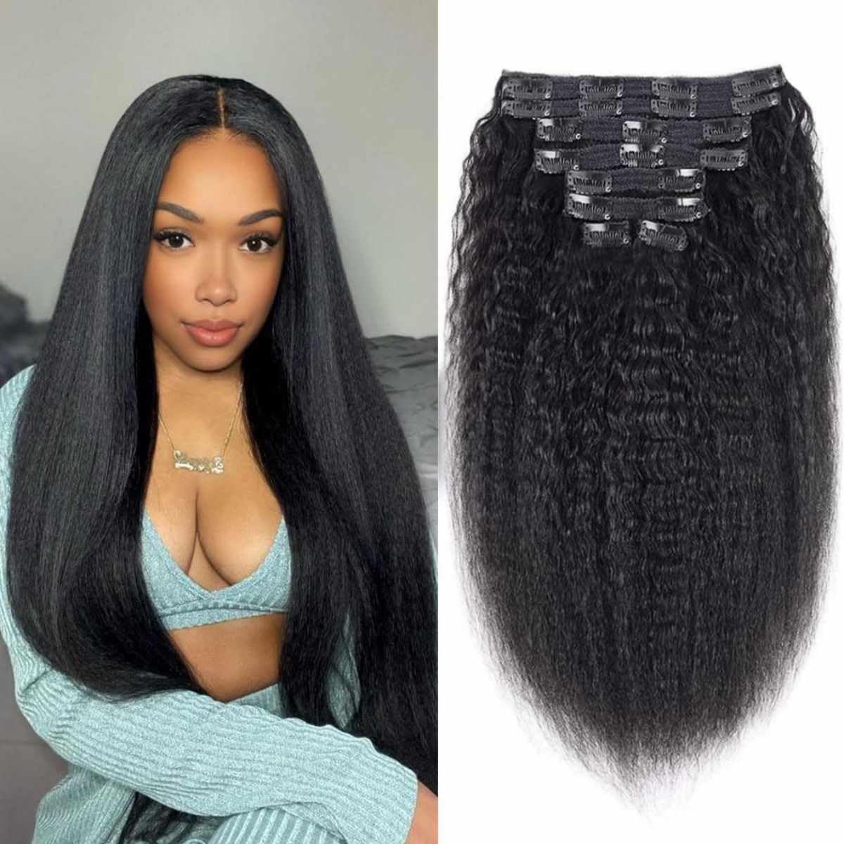 Sexycat Yaki Straight Hair Extensions Clip in 16 Inch 8Pcs 100g Clip in Hair Extensions Real Human Hair, Natural Black Color Kinky Straight Double Weft Hairpieces for Women — image 1