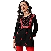 Ada Indian Hand Embroidered Chikankari Cotton Short Top Tunic Kurti Shirt for Women A100555 Black