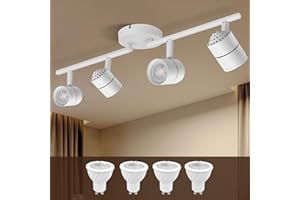 Arcfox Replacement 4 Light Track Lighting Fixtures Ceiling Flexible Rotatable MR16 GU10 Base 4 Way LED Track Lighting Kit White for Shop Exhibition Gallery (LED 5W Bulb Included)