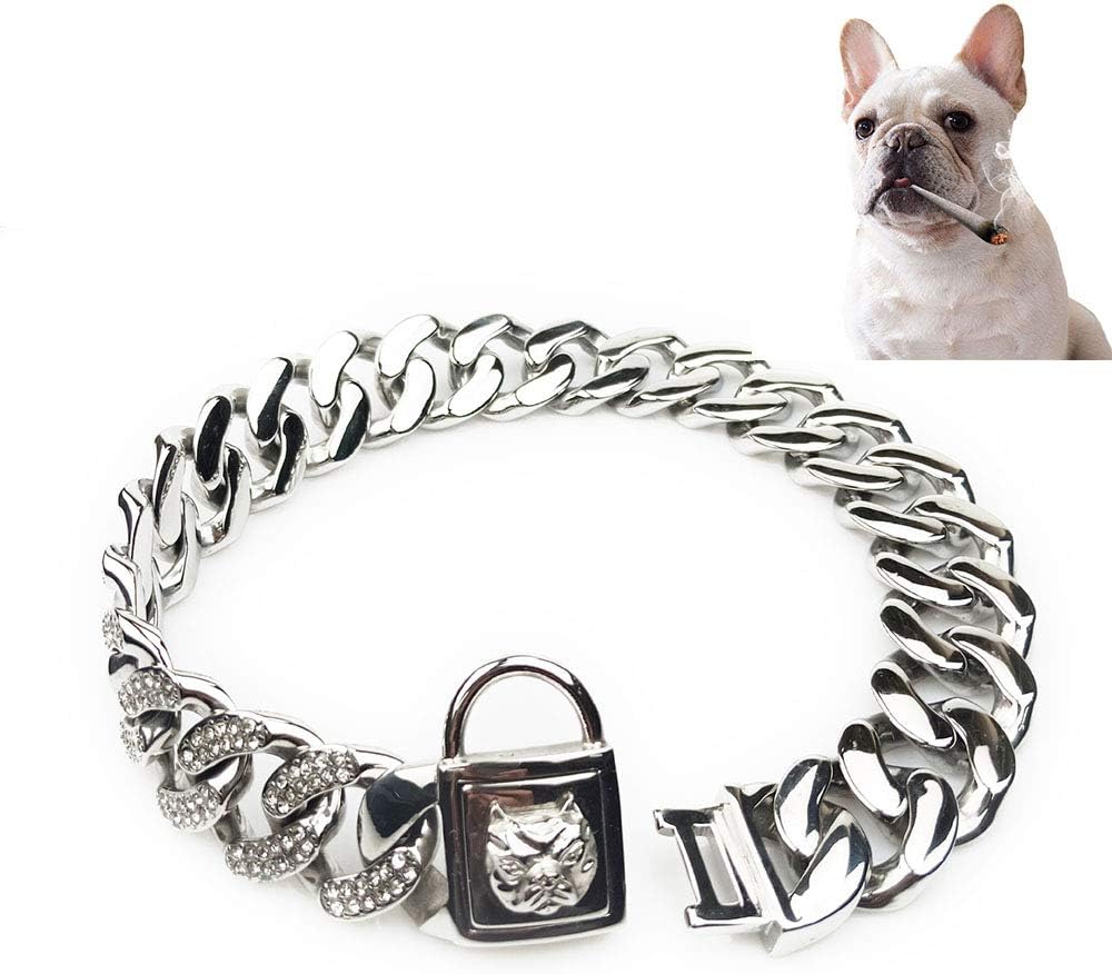 UTOPIAY 32mm Dog Chain Collars, 316L Stainless Steel Training Collar Cuban Curb Choker Hip Hop Diamond Martingale Necklace for Bully Pitbull, Mastiff, Big Breeds 16-30 Inches,16inches