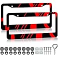 LIN KANG Red and Black License Plate Frame - 2 Pack Black Red License Plate Frame, Red Metal License Plate Frame Car Tag Frame Holder Cover Front Rear Aluminum 2 Hole Decorative Women Men