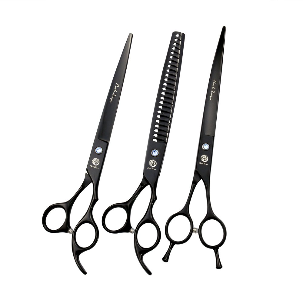 Purple Dragon 8.0 inch Professional Dog Grooming Hair Cutting Scissor &Curved Scissor&Chunker Shear Kit with Bag - for Pet Groomer or Family DIY Pet Use