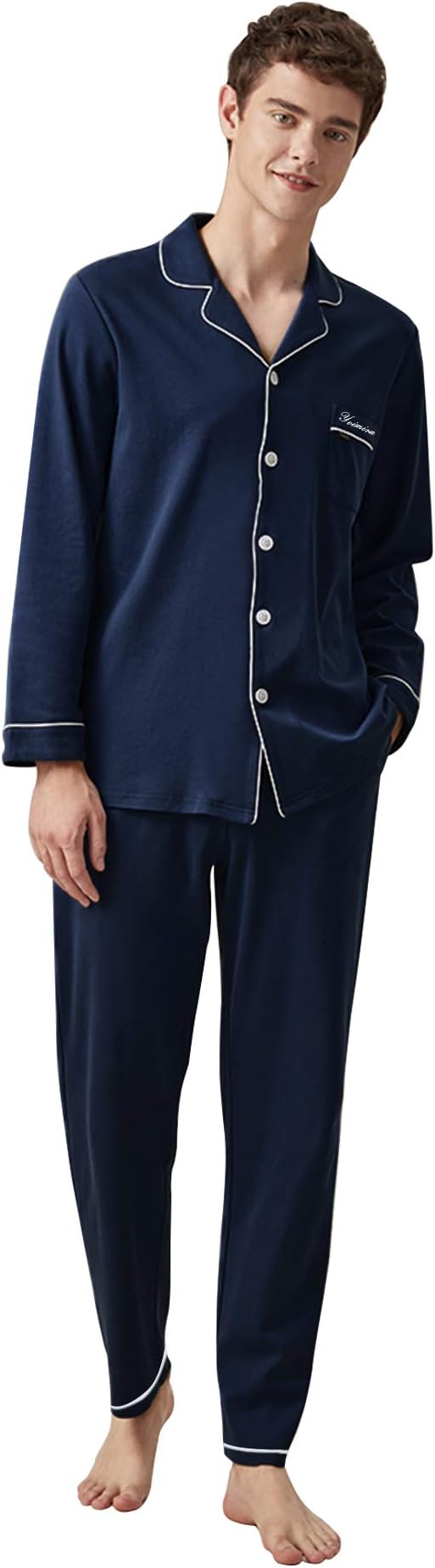 Mens Pajamas Set Long Sleeve ,Soft 2 Piece pjs Set,100% Cotton Sleepwear Set for Men