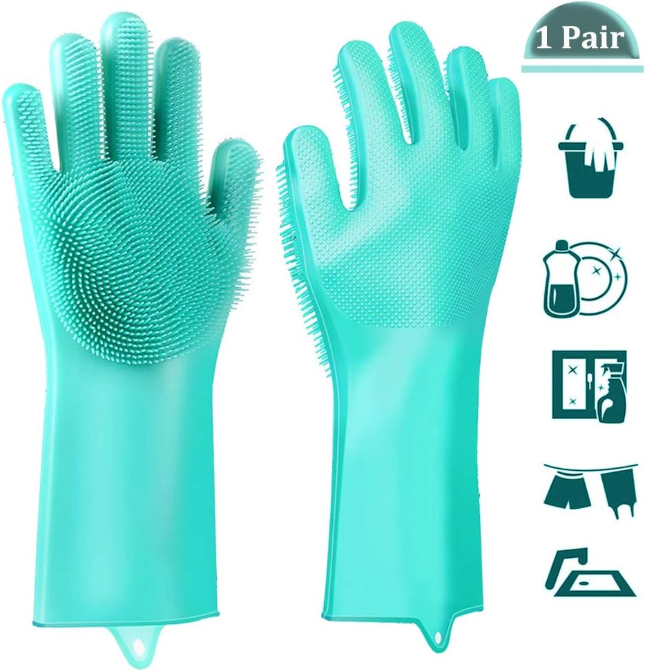 Magic Silicone Dishwashing Gloves Cleaning Scrubbing-Dish Wash Silicone Sponge Gloves with Scrubber,Magic Scrubby Gloves Great for Washing Dish,Kitchen,Car,Bathroom and More (1 Pair)