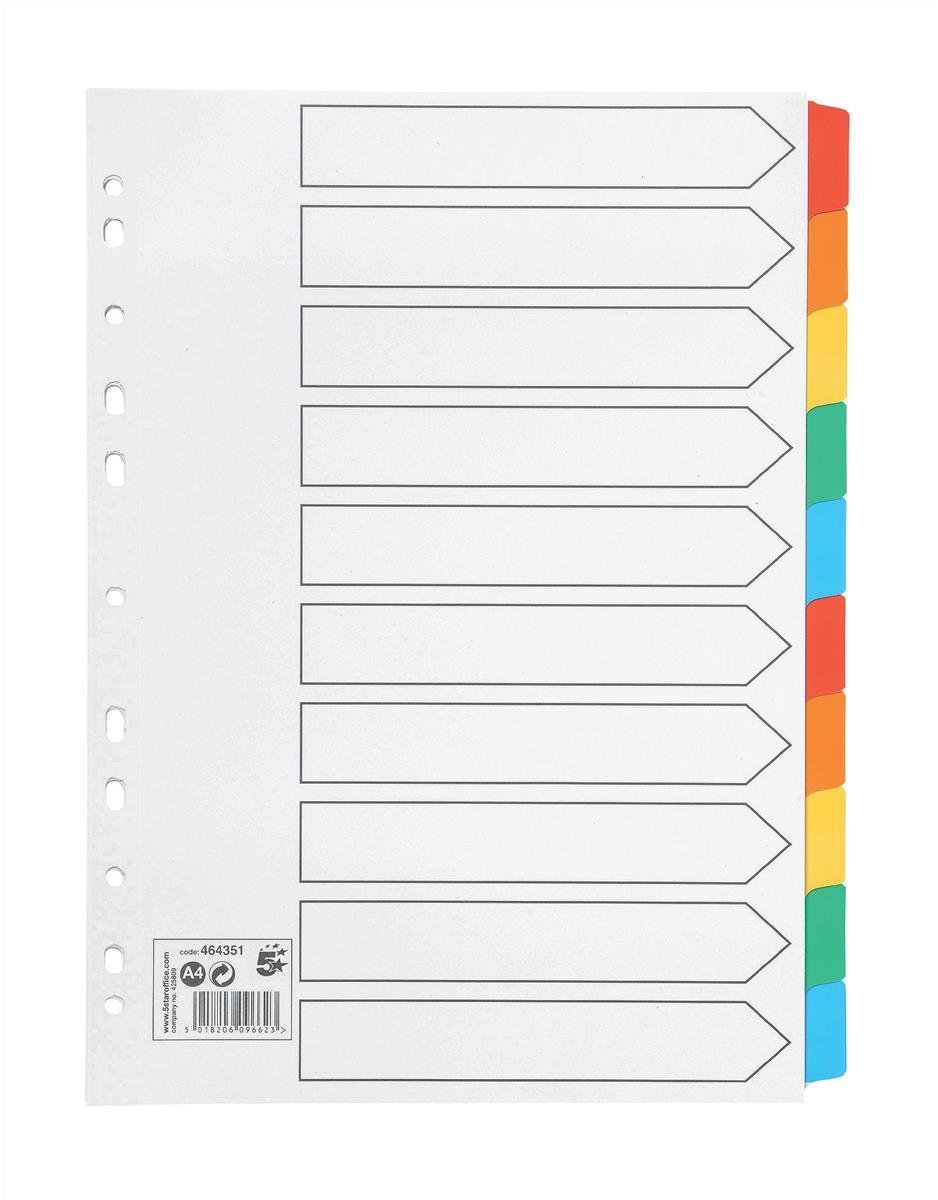 5 Star Office Index 150gsm Card with Coloured Mylar Tabs 10-Part A4 White