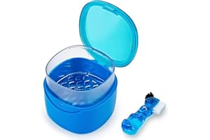 EZEELAI Denture Cleaning Case Dental Retainer Container Soaking Cup with Brush, Denture Storage Bath Box Case Cup Mouthguard Storage Holder Travel - Leak Proof with Lid Waterproof - Blue