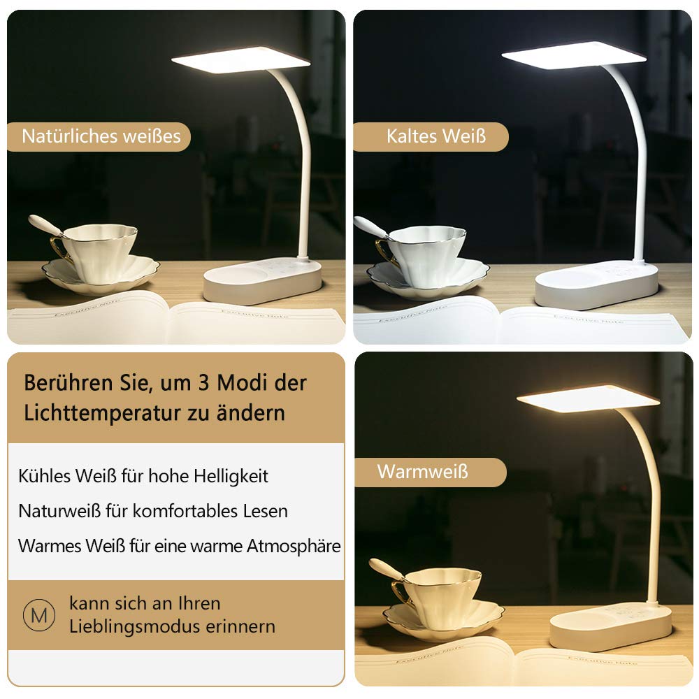 Wiederaufladbar Batteriebetrieben LED Schreibtischlampe Tisch leuchte Lese lampe buch licht USB Aufladbar Akku 3 Farben Dimmbar Kabellos Touch Augenschutz Kinder Studie Bett nachttisch Schlafzimmer