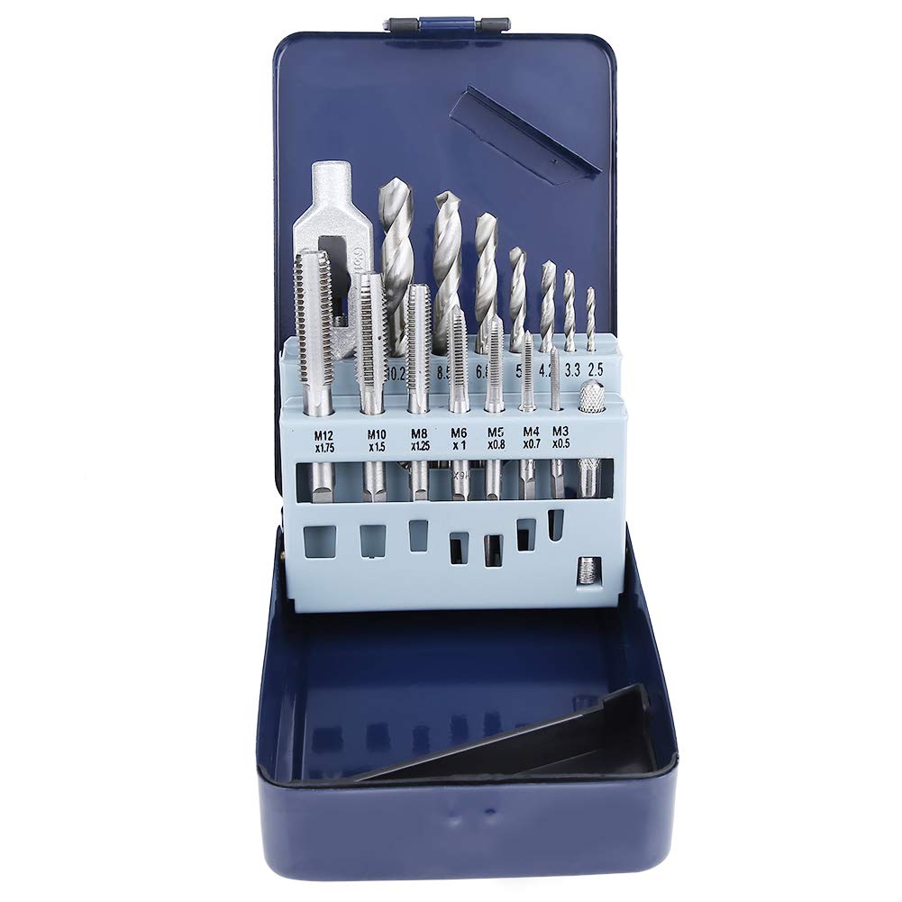 Akozon Twist Drill, 15Pcs Alloy Steel Tap Wrench Screw Taps Twist Drill Bit Set Metal Processing Tools