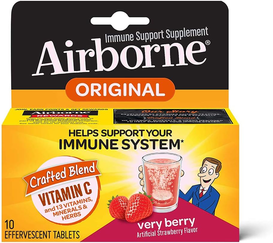 Vitamin C 1000mg, Airborne Berry Effervescent Tablets (10 count in a box), Gluten-Free Immune Support Supplement and High in Antioxidants