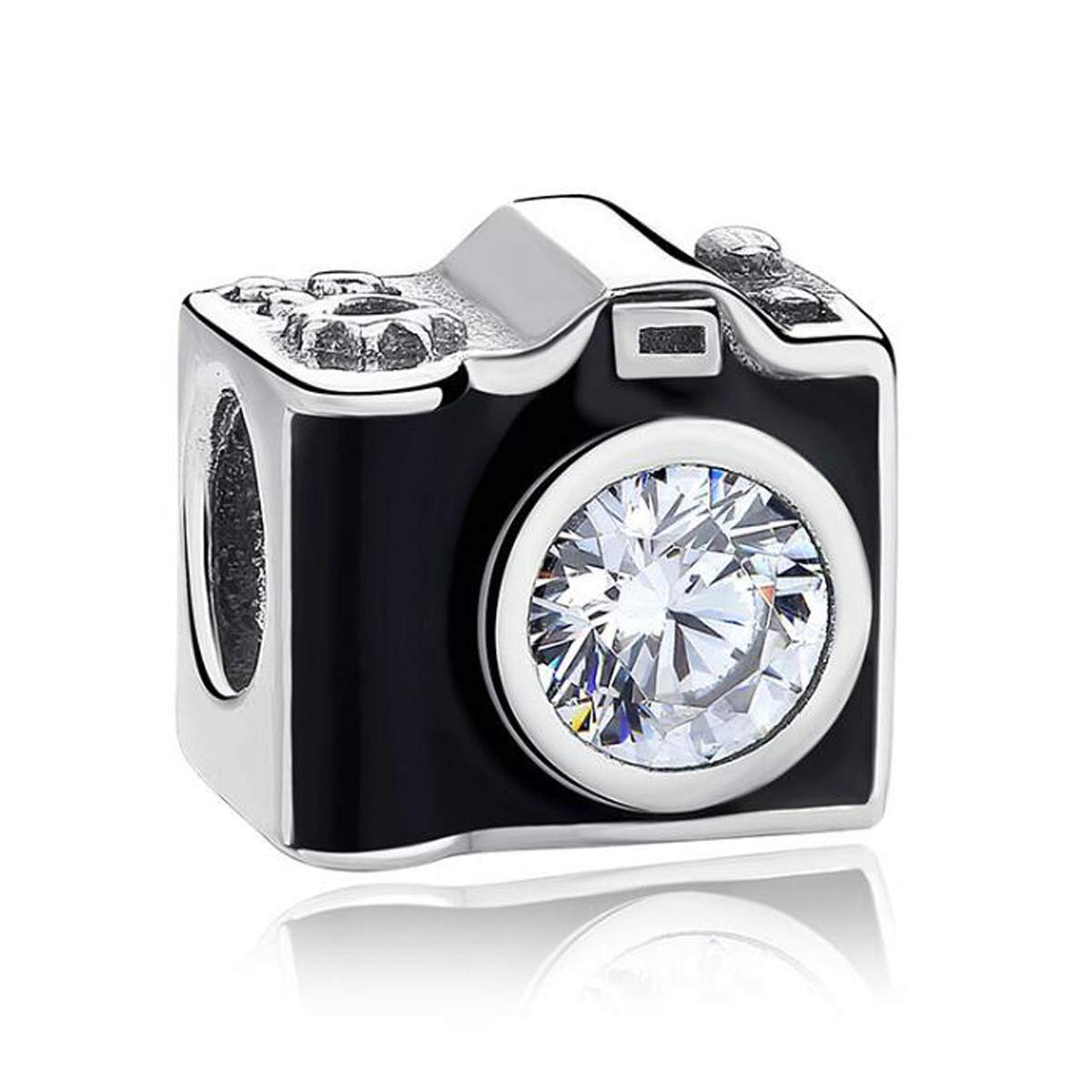 ZiNuo Charm Beads 925 Sterling Silver Travel Charm Blue and Black Enamel Crystal Camera Charms for Bracelet & Necklace,Compatible with European Bracelet Charm (Black Camera)