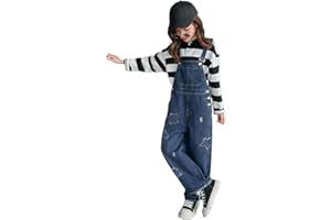 Rolanko Girls Overalls Denim Bib Distressed Jumpsuit Kids Blue Baggy Jean Pants 4-14 Years with Pockets