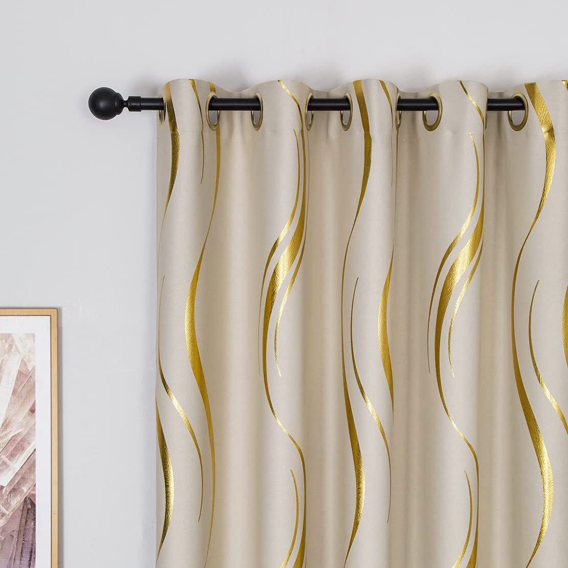 MYRU 2 Panels Set Luxury Striped Blackout Curtains for Bedroom Living Room (Beige and Gold, 2 x 66x90 Inch)