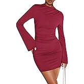 BTFBM Spring Dresses for Women 2026 Fashion Bodycon Bell Long Sleeve Mock Neck Party Club Outfits Going Out Mini Dress