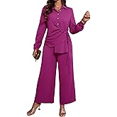 CHICME Women's 2 Piece Outfit Long Sleeve Drawstring Slit Asymmetrical Hem Top and Elastic Back Waist Wide Leg Pants Set