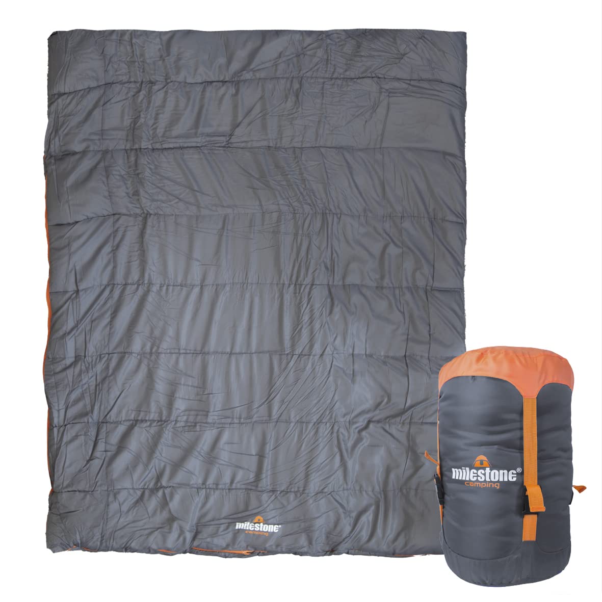 Milestone Camping, Grey, 26750 Envelope Sleeping Bag | 3 Season | Double Insulation | Full Length Dual Zip | Grey & Orange | Packs Down Tight | 210cm x 170cm