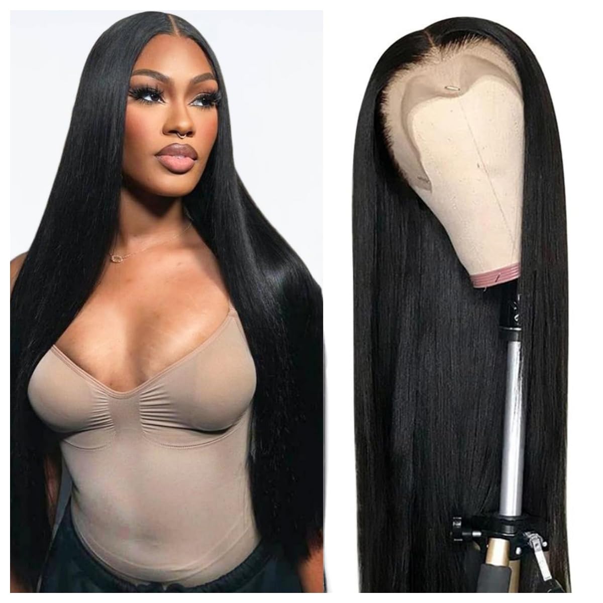 13X6 Lace Front Wigs Human Hair Straight Human Hair Wig HD Lace Frontal Glueless Wigs Human Hair Pre Plucked Bleached Knots with Baby Hair Natural Black 22 Inch — image 1