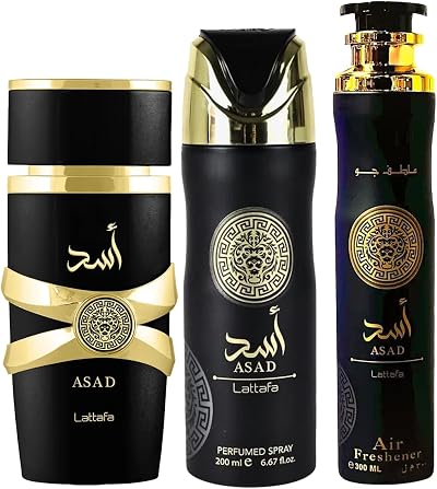 Lattafa Asad 3 Piece Gift Set Eau de Parfum 100ml Air Freshener 300ml