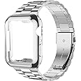 iiteeology Compatible with Apple Watch Bands 44mm Series 6 5 4 Se, Upgraded Stainless Steel Band with iWatch Screen Protector Case for Men Women Silver/Silver