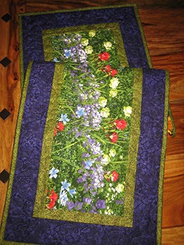 Wildflower Quilted Table Runner Purple Red Yellow Flowers 14 x 48" Reversible Cotton