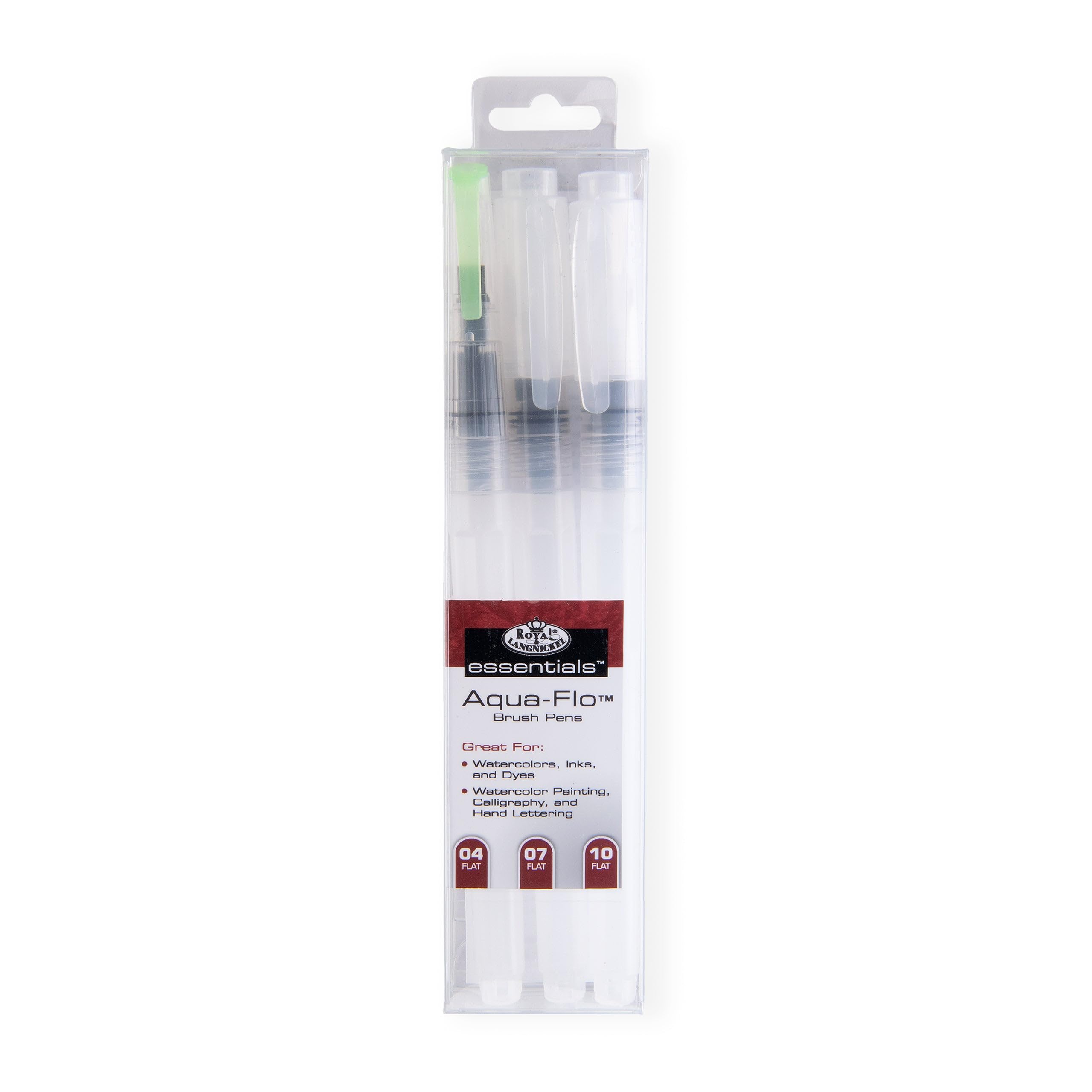Royal & Langnickel Essentials Aqua-Flo Plastic Refillable Brush Pens, Sizes 4, 7, 10.