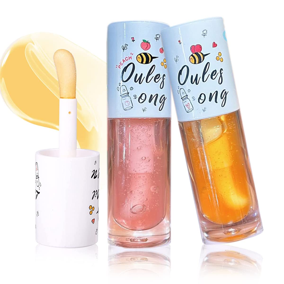 2Pcs Hydrating Clear Lip Oil Set,Big Brush Lip Gloss Oil Jelly Honey LipGloss Long-lasting Moisturizing Lip Balm Plumping Lipstick (2)