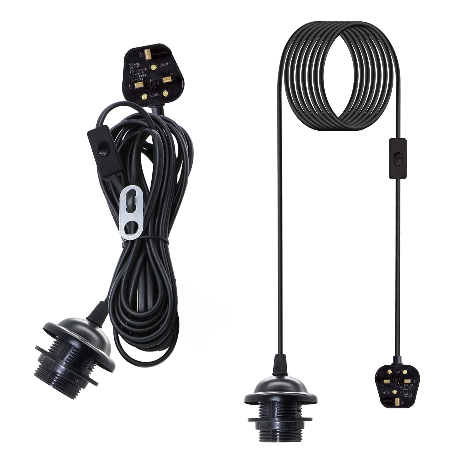 Plug in Pendant Lighting Fitting, 2PCS Plug in Ceiling Light, 450CM Suspended Pendant Light with E27 Lamp Holder,Black Hanging Light with Plug and On/Off Switch,Can Add Lampshade,for Bedroom Kitchen